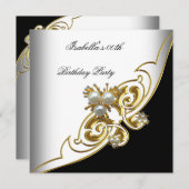 Eleganter White Black Gold Pearl Geburtstag Einladung (Vorne/Hinten)