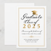 Eleganter White Black Gold Script Uni-Abschluß Ankündigung (Vorne/Hinten)