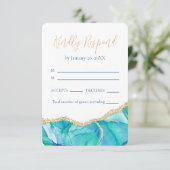 Eleganter White Blue Gold Glitzer Wedding RSVP (Stehend Vorderseite)
