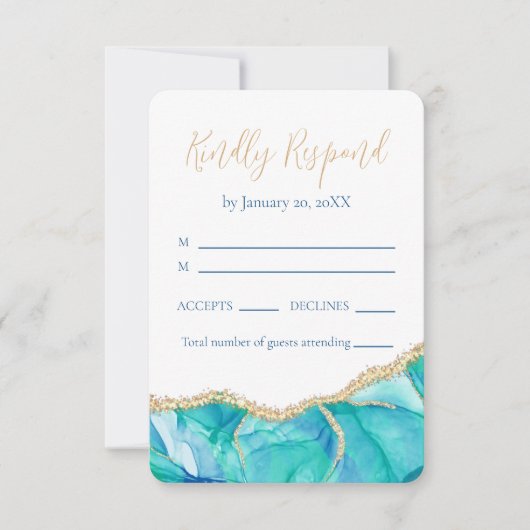 Eleganter White Blue Gold Glitzer Wedding RSVP (Vorderseite)