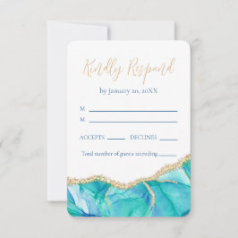 Eleganter White Blue Gold Glitzer Wedding RSVP Karte