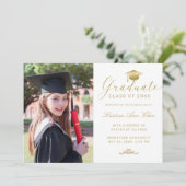 Eleganter White Blue Gold Script Foto Abschluss Ankündigung (Stehend Vorderseite)