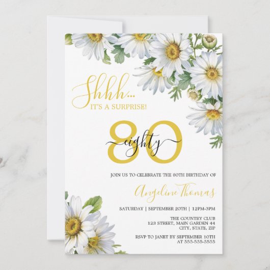 Eleganter White Daisy Floral Überraschung Geburtst Einladung (Vorderseite)