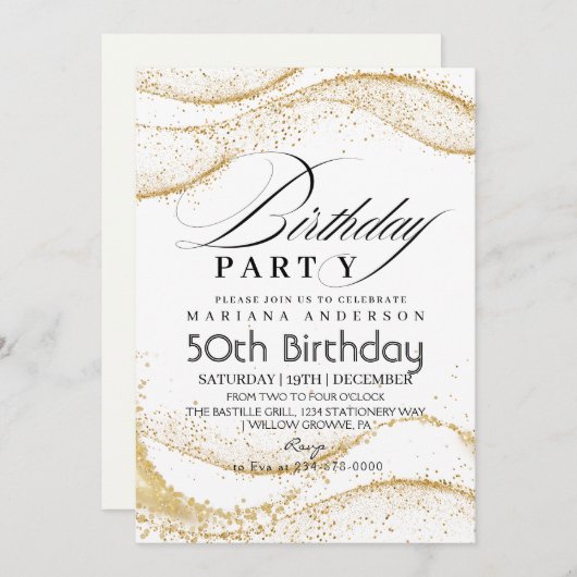 Eleganter White Dusty Gold Glitzer 50. Geburtstag Einladung (Vorne/Hinten)