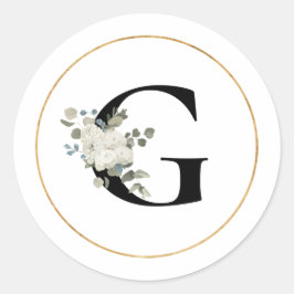 Eleganter White Floral Monogram Letter G auf Weiß Runder Aufkleber