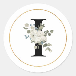 Eleganter White Floral Monogram Letter I auf Weiß Runder Aufkleber