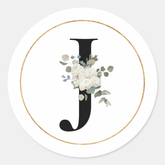 Eleganter White Floral Monogram Letter J auf Weiß Runder Aufkleber (Vorderseite)