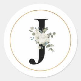 Eleganter White Floral Monogram Letter J auf Weiß Runder Aufkleber