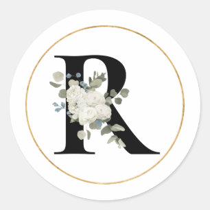 Eleganter White Floral Monogram Letter R auf Weiß Runder Aufkleber