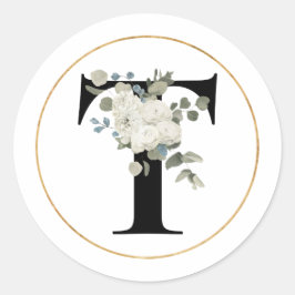 Eleganter White Floral Monogram Letter T auf Weiß Runder Aufkleber
