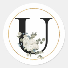 Eleganter White Floral Monogram Letter U auf Weiß Runder Aufkleber