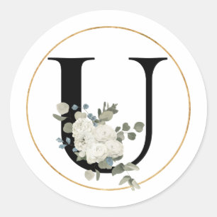 Eleganter White Floral Monogram Letter U auf Weiß Runder Aufkleber