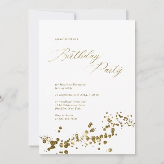 Eleganter White Gold Dust Confetti Erwachsene Gebu Einladung (Vorderseite)