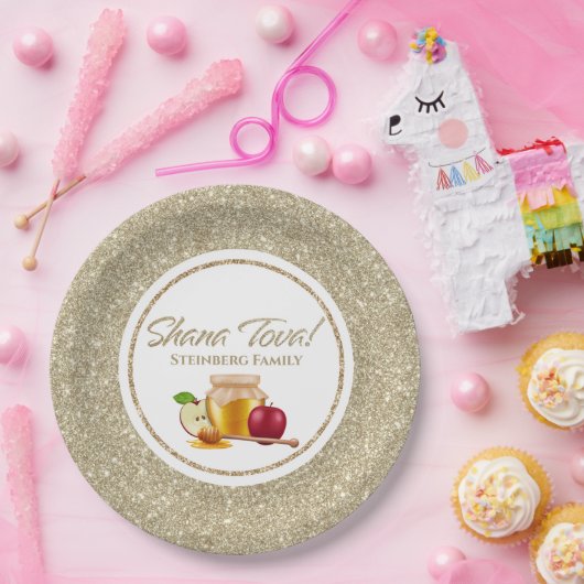 Eleganter White Gold Glitzer Jewish Rosh Hashanah Pappteller (Party)
