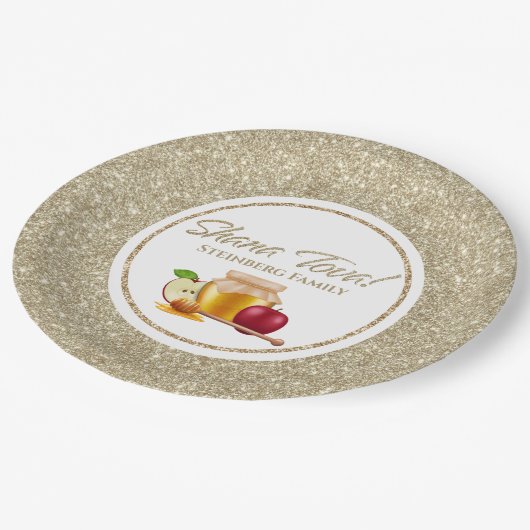 Eleganter White Gold Glitzer Jewish Rosh Hashanah Pappteller (Schrägansicht)