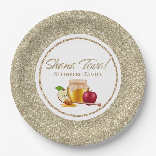 Eleganter White Gold Glitzer Jewish Rosh Hashanah Pappteller (Vorderseite)