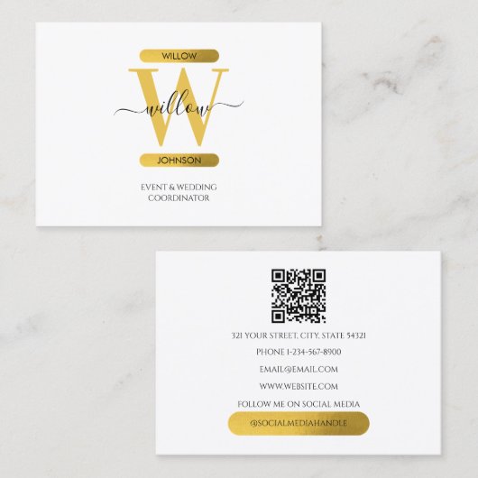 Eleganter White Gold Monogram Social Media QR Code Visitenkarte (Vorne/Hinten)