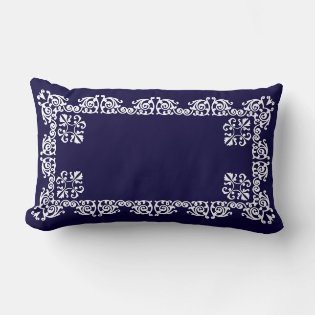 Eleganter White Lace Vector auf Navy Blue Lendenkissen (Vorderseite)