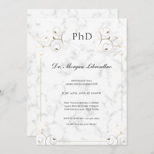 Eleganter White Marble Gold PhD Abschluss Einladung (Vorne/Hinten)
