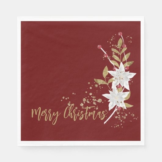 Eleganter White Poinsettia Burgundy Gold Glitzer Serviette (Vorderseite)