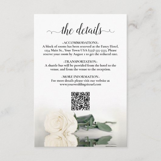 Eleganter White Rose Wedding Details QR Code Begleitkarte (Vorderseite)