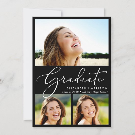 Eleganter White Script 3 Foto Black Abschluss Ankündigung (Vorderseite)