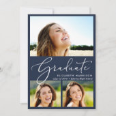 Eleganter White Script 3 Foto Blue Abschluss Ankündigung (Vorderseite)