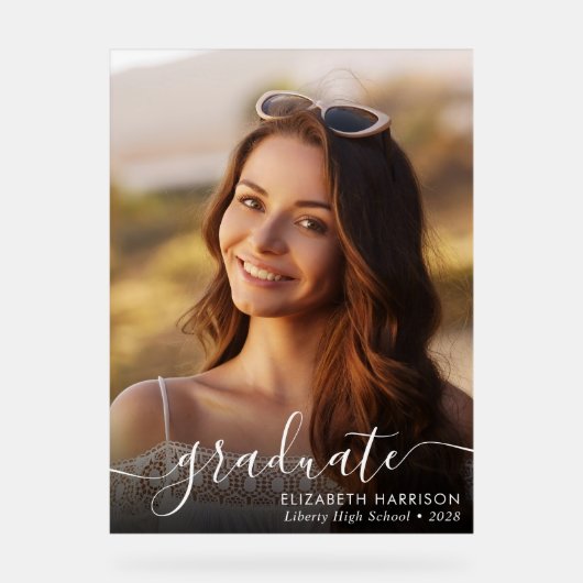 Eleganter White Script Foto Overlay-Abschluss Acrylschild (Vorderseite)