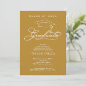 Eleganter White Script Gold Abschluss Einladung (Stehend Vorderseite)
