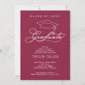 Eleganter White Script Maroon Abschluss Einladung (Vorderseite)