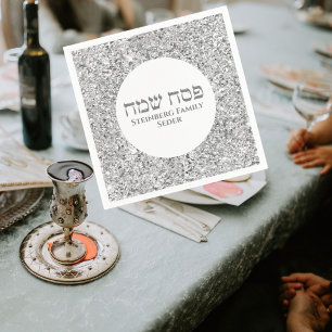 Eleganter White Silver Glitzer Hebrew Happy Passov Serviette