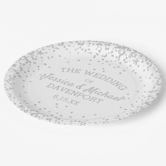 Eleganter White Silver Glitzer Hochzeitsempfang Pappteller (Schrägansicht)