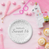 Eleganter White Silver Glitzer Sweet 16 Name Pappteller (Party)