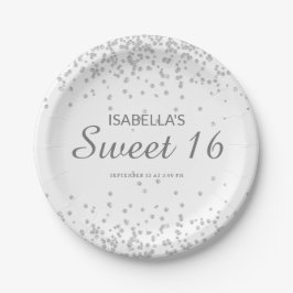 Eleganter White Silver Glitzer Sweet 16 Name Pappteller