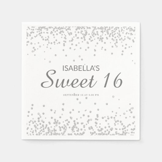 Eleganter White Silver Glitzer Sweet 16 Name Serviette (Vorderseite)