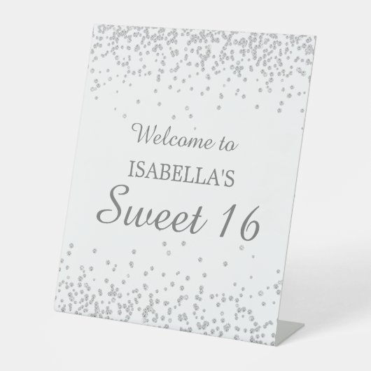 Eleganter White Silver Glitzer Sweet 16 Willkommen Sockelschild (Vorderseite)