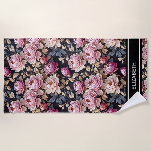 Eleganter Willkommensblau Rosa Péony Name Strandtuch (Vorderseite)