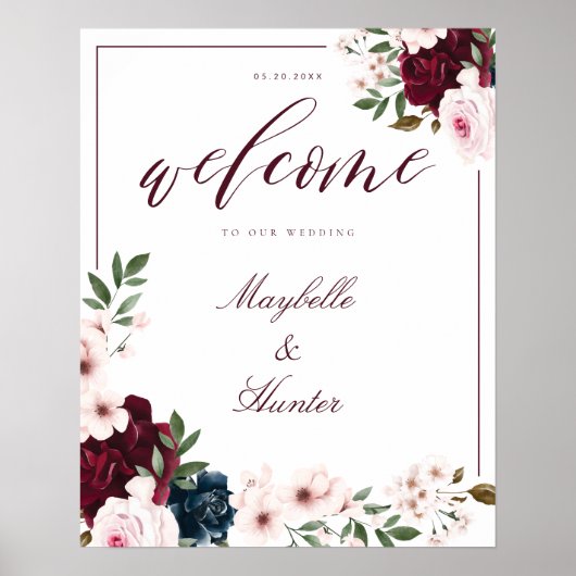 Eleganter Willkommensgeist Burgund & Navy Floral Poster (Vorne)