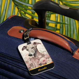 Eleganter Windhund mit Blume und Bändern geschmück Gepäckanhänger