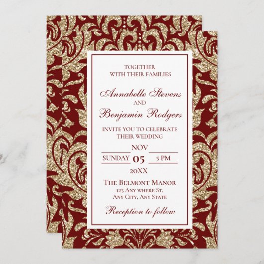 Eleganter Wine Red and Gold Imitats Glitzer Hochze Einladung (Vorne/Hinten)