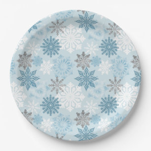 Eleganter Winter Blue Silver Glitzer Schneeflocken Pappteller