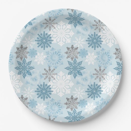 Eleganter Winter Blue Silver Glitzer Schneeflocken Pappteller (Vorderseite)