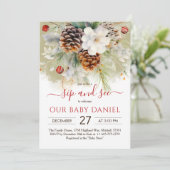 Eleganter Winter Evergreen Baby Shower Sip & See Einladung (Stehend Vorderseite)