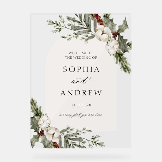 Eleganter Winter Floral Arch Wedding Willkommen Acrylschild (Vorderseite)