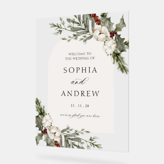 Eleganter Winter Floral Arch Wedding Willkommen Acrylschild (Winkel)