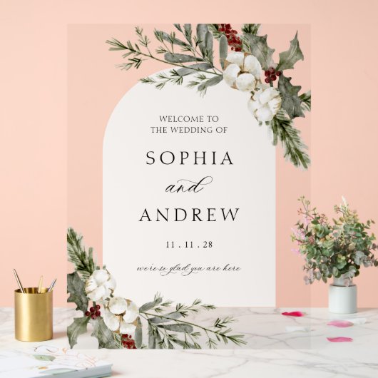 Eleganter Winter Floral Arch Wedding Willkommen Acrylschild (Hochzeit)