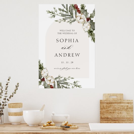 Eleganter Winter Floral Arch Wedding Willkommen Poster (Küche)