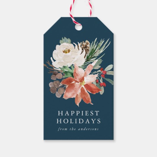 Eleganter Winter Floral Navy Personalisiert Holida Geschenkanhänger (Vorderseite)