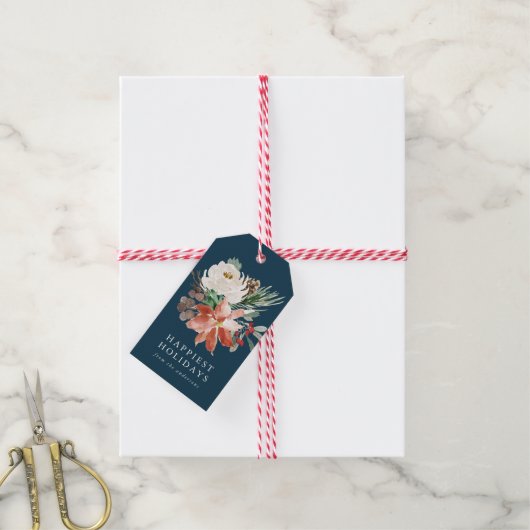 Eleganter Winter Floral Navy Personalisiert Holida Geschenkanhänger (Mit Garn)