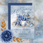 Eleganter Winter Floral Teacup 60. Geburtstag Par- Einladung<br><div class="desc">Elegante,  elegante und raffinierte blaue Winterflorale mit einem schönen blauen Vogel,  der auf der Teesocer Teacup Design "60. Geburtstag Par-Tea" sitzt.</div>